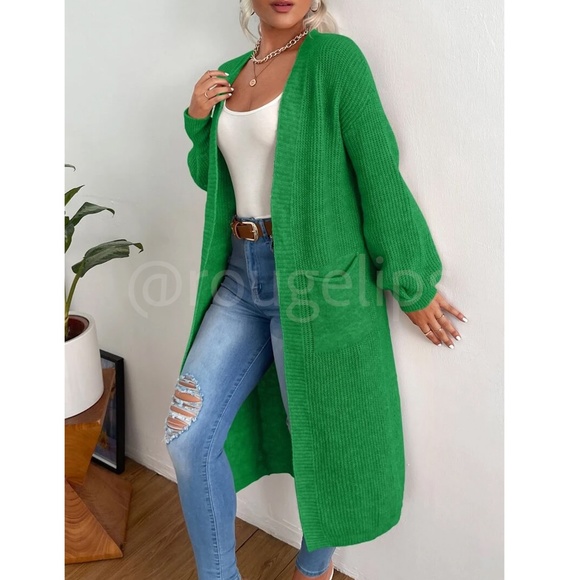 Green Duster Cardigan Front Pockets Cable Knit Long Sleeve Midi Length - Picture 3 of 9